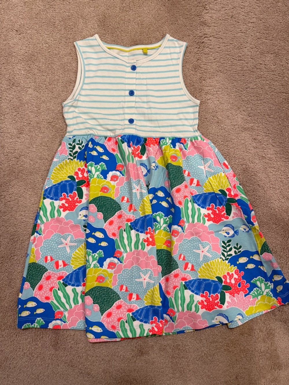 Mini Boden Striped Bodice Dress with Blue, Pink & Yellow Ocean Print